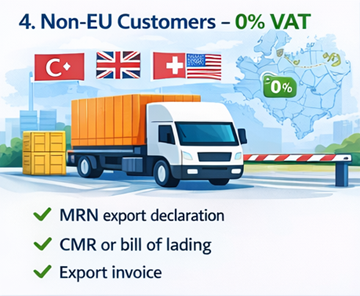 Transporte internacional fora da União Europeia a mostrar IVA a zero por cento para clientes empresariais